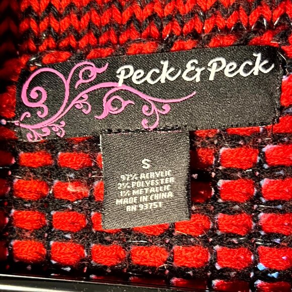 VTG Peck & Peck Red Black Asymmetrical Single-Button Chunky Knit Cardigan SZ Sm - Picture 2 of 4